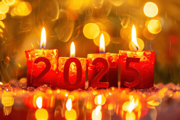 Burning red candles with the number 2025 on a golden blurred bokeh background. Greeting card, happy New Year.