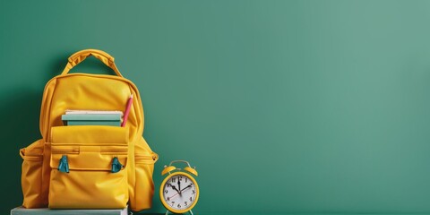 Yellow school backpack against a green board next to an alarm clock pencils and books banner with space for your text, back to school