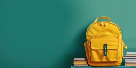 Yellow school backpack against a green board next to an alarm clock pencils and books banner with space for your text, back to school