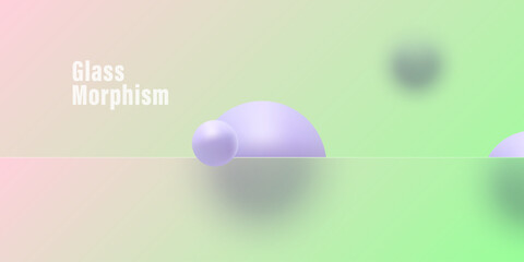 Website landing page template or banner design in glass morphism style. Frosted glass partition with colorful spheres.