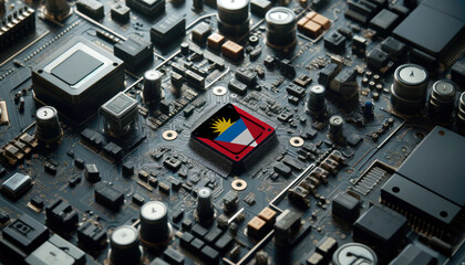 A high-tech circuit board showcasing a microchip with the Antigua and Barbuda flag, emphasizing Antigua and Barbuda role in pioneering advanced electronics and microtechnology innovations