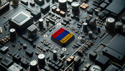 A high-tech circuit board showcasing a microchip with the Armenia flag, emphasizing Armenia role in pioneering advanced electronics and microtechnology innovations