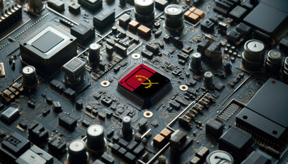 A high-tech circuit board showcasing a microchip with the Angola flag, emphasizing Angola role in pioneering advanced electronics and microtechnology innovations