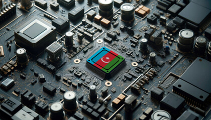 A high-tech circuit board showcasing a microchip with the Azerbaijan flag, emphasizing Azerbaijan role in pioneering advanced electronics and microtechnology innovations