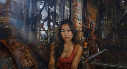 Confident and strong woman posing in a work uniform in a workshop.Generated image