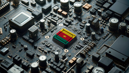 Fototapeta premium A high-tech circuit board showcasing a microchip with the Cameroon flag, emphasizing Cameroon role in pioneering advanced electronics and microtechnology innovations