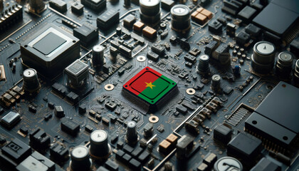 A high-tech circuit board showcasing a microchip with the Burkina Faso flag, emphasizing Burkina Faso role in pioneering advanced electronics and microtechnology innovations