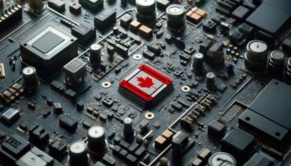 A high-tech circuit board showcasing a microchip with the Canada flag, emphasizing Canada role in pioneering advanced electronics and microtechnology innovations