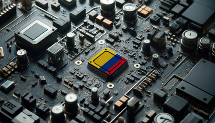 A high-tech circuit board showcasing a microchip with the Colombia flag, emphasizing Colombia role in pioneering advanced electronics and microtechnology innovations