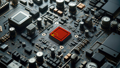 A high-tech circuit board showcasing a microchip with the China flag, emphasizing China role in pioneering advanced electronics and microtechnology innovations
