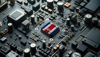 A high-tech circuit board showcasing a microchip with the Costa Rica flag, emphasizing Costa Rica role in pioneering advanced electronics and microtechnology innovations