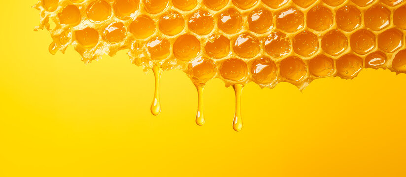 alv&eacute;oles d'abeilles avec miel qui coule depuis le haut de l'image - fond jaune