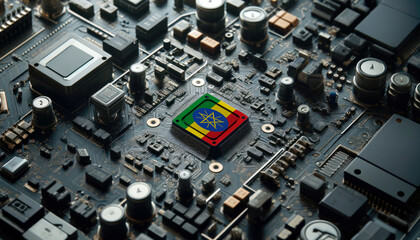 A high-tech circuit board showcasing a microchip with the Ethiopia flag, emphasizing Ethiopia role in pioneering advanced electronics and microtechnology innovations