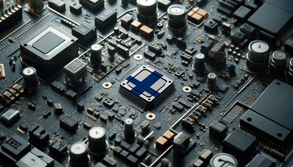 Fototapeta premium A high-tech circuit board showcasing a microchip with the Finland flag, emphasizing Finland role in pioneering advanced electronics and microtechnology innovations