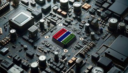 A high-tech circuit board showcasing a microchip with the Gambia flag, emphasizing Gambia role in pioneering advanced electronics and microtechnology innovations