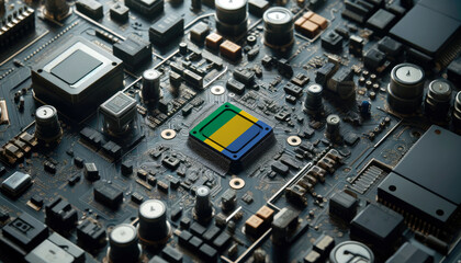 Fototapeta premium A high-tech circuit board showcasing a microchip with the Gabon flag, emphasizing Gabon role in pioneering advanced electronics and microtechnology innovations