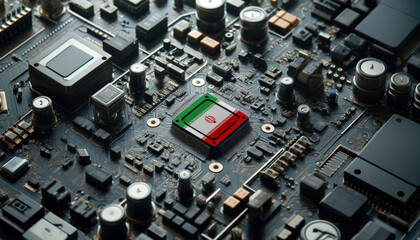 Fototapeta premium A high-tech circuit board showcasing a microchip with the Iran flag, emphasizing Iran role in pioneering advanced electronics and microtechnology innovations