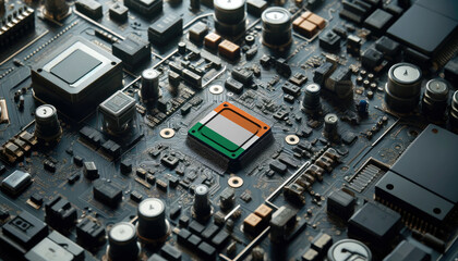 A high-tech circuit board showcasing a microchip with the Irish flag, emphasizing Irish role in pioneering advanced electronics and microtechnology innovations