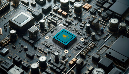 A high-tech circuit board showcasing a microchip with the Kazakhstan flag, emphasizing Kazakhstan role in pioneering advanced electronics and microtechnology innovations