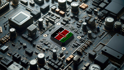 Fototapeta premium A high-tech circuit board showcasing a microchip with the Kenya flag, emphasizing Kenya role in pioneering advanced electronics and microtechnology innovations