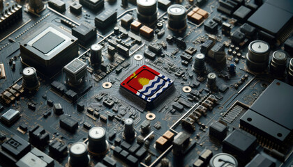 A high-tech circuit board showcasing a microchip with the Kiribati flag, emphasizing Kiribati role in pioneering advanced electronics and microtechnology innovations
