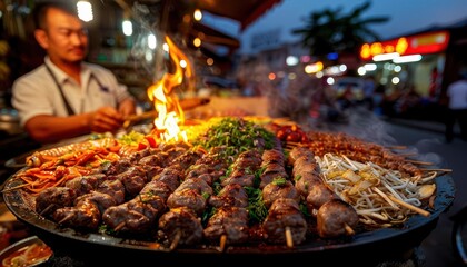 Street cuisine with chefs preparing and serving a variety of local dishes, Cultural, Warm hues, Photography
