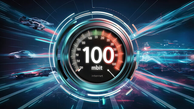 Futuristic High-Tech Concept of Internet Speed: Advanced Technology Visualization with Speedometer and Data Transmission Elements for Cutting-Edge Digital Networks.