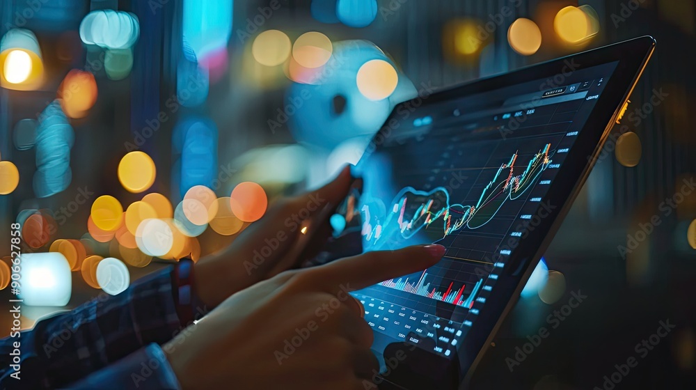 Poster a person is pointing at a screen with a graph on it. the graph shows a downward trend, and the perso