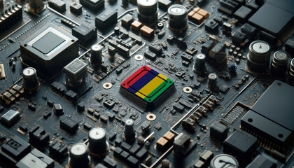 Fototapeta premium A high-tech circuit board showcasing a microchip with the Mauritius flag, emphasizing Mauritius role in pioneering advanced electronics and microtechnology innovations