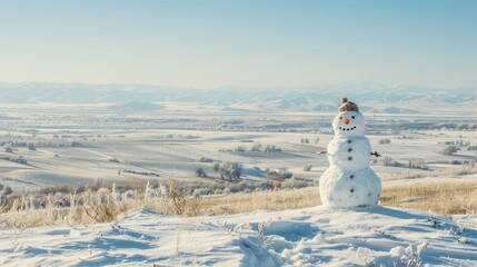 Snowman on a hilltop with a panoramic view. Concept of winter, snow, holiday season, scenic landscape