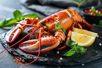 Luxurious boiled lobster with basil and lemon spices served on a black stone plate