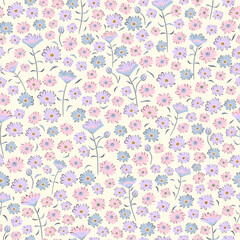 Vector illustration. Seamless pattern of small flowers on a beige background. Ditsy floral blue pink pattern, field of flowers, print for fabric, textile, wallpaper, baby clothes, packaging
