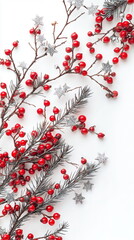 Christmas tree branches with red berries and silver stars on a white background. Vertical 9:16 background for stories, reels, social media posts. Christmas, New Year template, mobile banner invitation