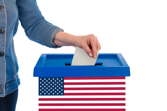 Hand of a young woman putting a ballot in a ballot box with american US flag, voting for elections in USA, vote in America isolated on white or transparent background, png cut out