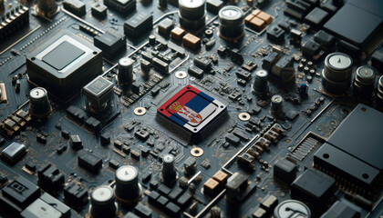 A high-tech circuit board showcasing a microchip with the Serbia flag, emphasizing Serbia role in pioneering advanced electronics and microtechnology innovations