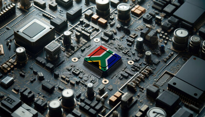 A high-tech circuit board showcasing a microchip with the South Africa flag, emphasizing South Africa role in pioneering advanced electronics and microtechnology innovations
