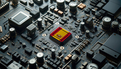 A high-tech circuit board showcasing a microchip with the Spain flag, emphasizing Spain role in pioneering advanced electronics and microtechnology innovations