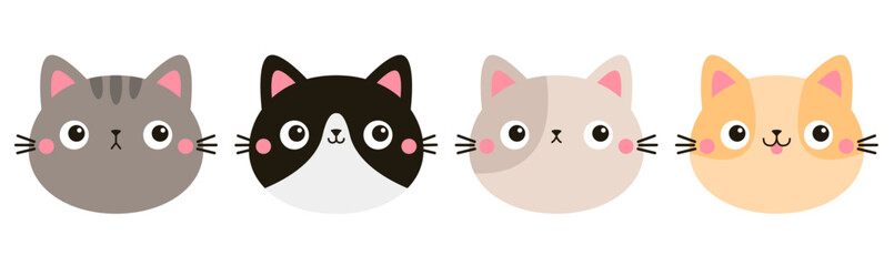 Obraz premium Cat face head round icon set line. Cute kitten, kitty. Different breeds, colors and patterns, emotions. Cartoon kawaii funny baby character. Sticker print. Flat design. White background. Vector