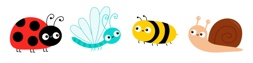 Ladybug, Bee bumblebee, snail cochlea, dragonfly, lady bug ladybird flying insect icon set line. Cute cartoon kawaii funny baby character. Happy Valentines Day. Flat design. White background. Vector