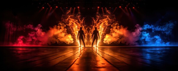 Fototapeta premium Theater production with actors performing under dramatic lighting, Realism, Bright colors, Photography