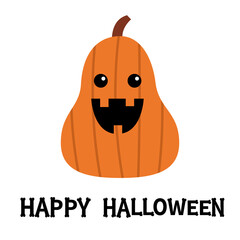 Smiling pumpkin. Happy Halloween. Creepy scary face. One tooth. Cartoon kawaii funny baby character. Childish style. Greeting card. Flat design. White background. Isolated. Vector illustration