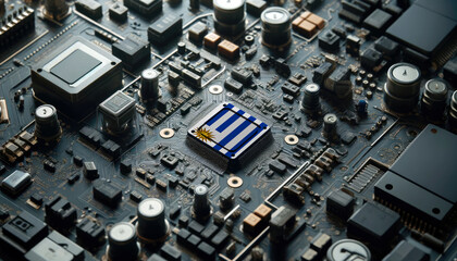 Fototapeta premium A high-tech circuit board showcasing a microchip with the Uruguay flag, emphasizing Uruguay role in pioneering advanced electronics and microtechnology innovations