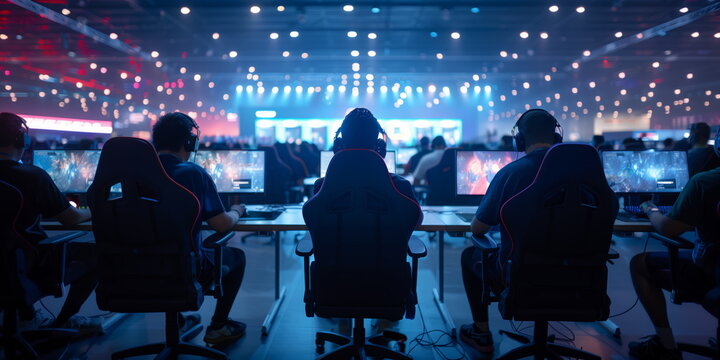 World region gaming expo, gaming industry event or gaming competition amusement, with many live-action players. hand-edited generative AI. 