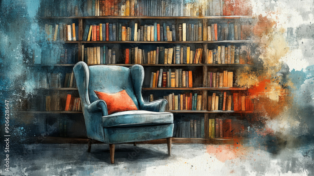 Poster a red chair sits in front of a bookshelf filled with books. the room has a cozy and inviting atmosph