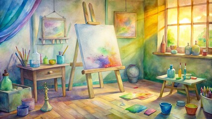 Colorful art studio interior with blank canvas on easel, vibrant paint tubes, scattered brushes, and assorted art supplies on cluttered wooden worktable.