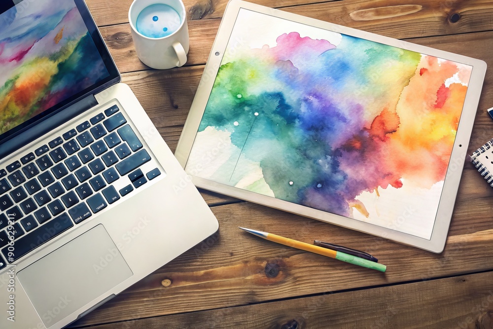 Poster close-up of modern laptop keyboard and touchpad with colorful design software open on screen, surrou