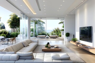 Fototapeta premium Modern Living Room with Large Windows and Ocean View.