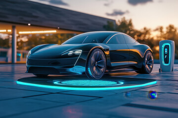 Sleek black electric car charges wirelessly at a city station as the sun sets, showcasing modern luxury and clean energy