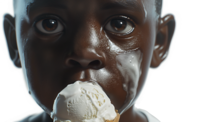 A young boy is eating a scoop of ice cream