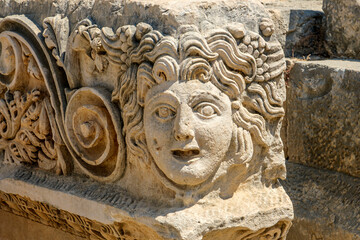 Architectural decoration elements found during excavations at the ancient Roman theater on the plateau in Demre in Turkey